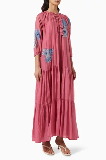 Monaco Floral-embroidered Tiered Dress