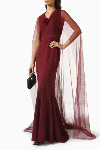 Cape Maxi Dress in Stretch-crepe & Tulle