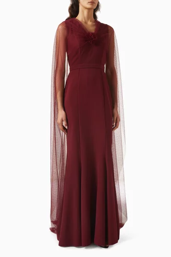 Cape Maxi Dress in Stretch-crepe & Tulle
