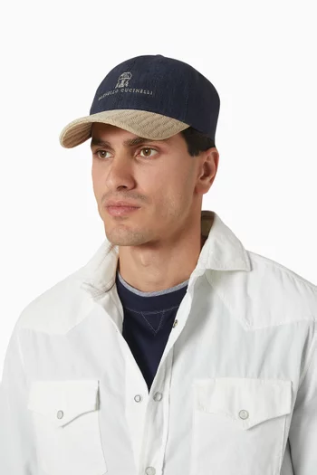 Logo-embroidered Baseball Cap in Linen-denim & Suede