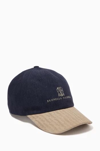 Logo-embroidered Baseball Cap in Linen-denim & Suede