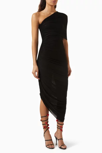 One-shoulder Draped Midi Dress in Cupro Blend
