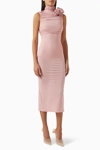 Ruched Mockneck Midi Dress in Silk