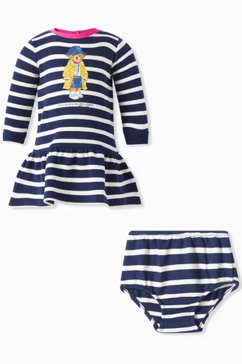 Striped Bear-print Dress & Bloomers Set in Cotton-blend