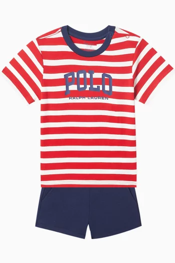 Striped Logo T-shirt & Shorts Set in Cotton-blend