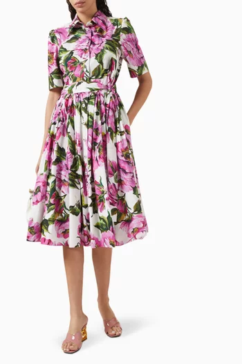 Floral-print Belted Midi Dress in Cotton