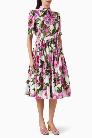 Floral-print Belted Midi Dress in Cotton