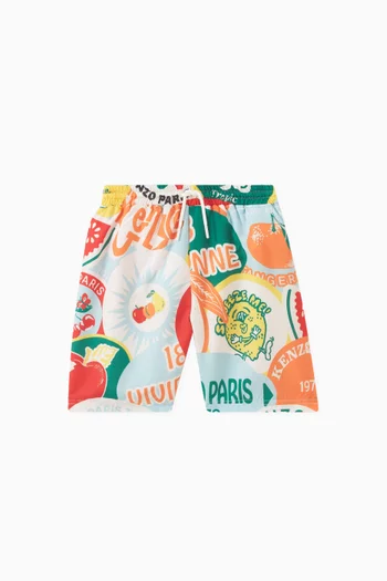 Graphic Logo Print Swim Trunks in Stretch Nylon