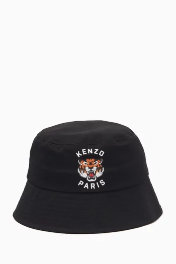 Tiger-embroidered Bucket Hat in Cotton