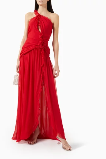 Ruffle Rose Maxi Dress in Georgette