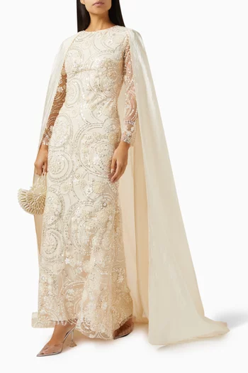 Embellished Cape Maxi Dress in Organza & Scuba