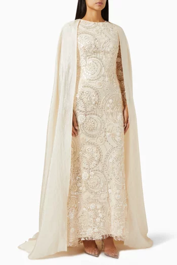 Embellished Cape Maxi Dress in Organza & Scuba