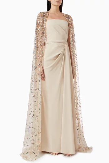 Beaded Cape Strapless Maxi Dress