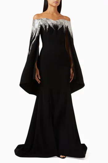 Bead Embellished Off-shoulder Gown in Stretch Crepe