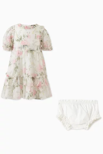 Exclusive Rose-print Smocked Dress & Bloomers Set in Chiffon