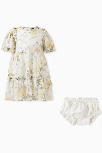 Exclusive Rose-print Smocked Dress & Bloomers Set in Chiffon