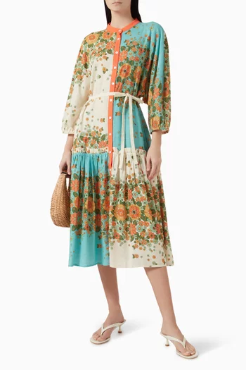 Poseidon Ruffle Midi Dress in Linen-blend