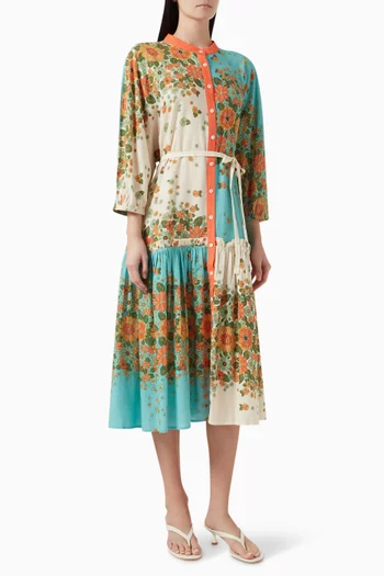 Poseidon Ruffle Midi Dress in Linen-blend