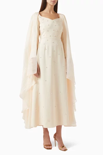 Pearl-embellished Cape-sleeves Maxi Dress