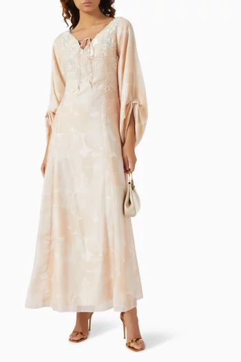 Printed Bead Embellished Maxi Dress in Linen