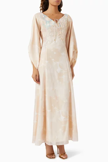 Printed Bead Embellished Maxi Dress in Linen