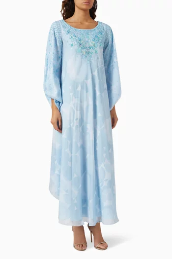 Printed Bead Embellished Maxi Dress in Linen