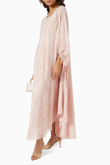 Printed Bead Embellished Maxi Dress in Linen
