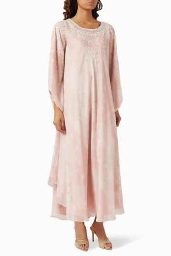 Printed Bead Embellished Maxi Dress in Linen