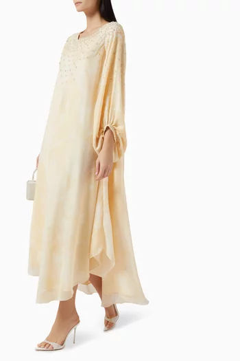 Printed Bead Embellished Maxi Dress in Linen