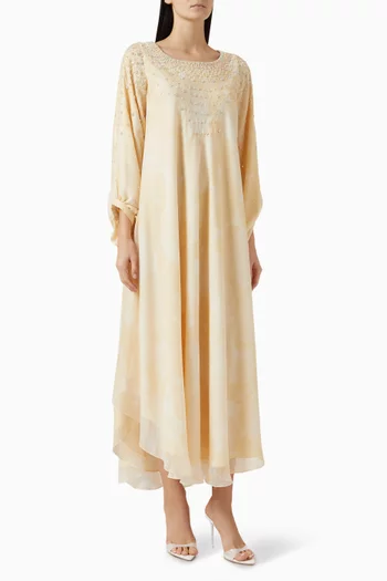 Printed Bead Embellished Maxi Dress in Linen
