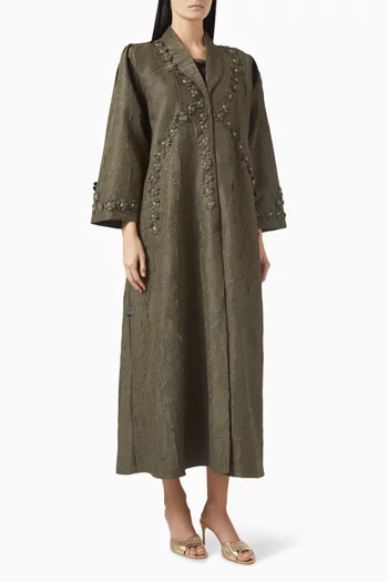 3D Flower Embroidered Abaya in Marble Jacquard