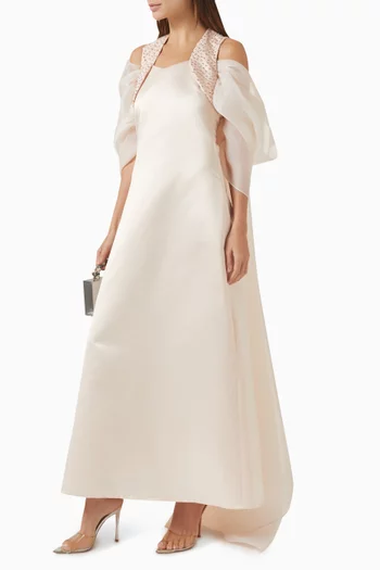 Draped-sleeves Maxi Dress in Satin