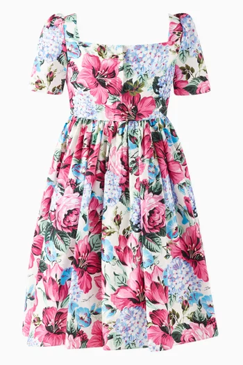 Floral-print Gathered Dress in Cotton-poplin