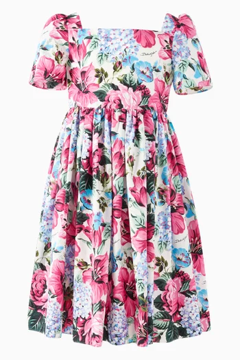 Floral-print Gathered Dress in Cotton-poplin