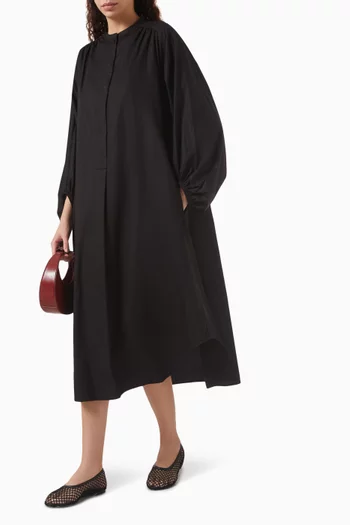 Gathered Balloon-Sleeve Midi Dress
