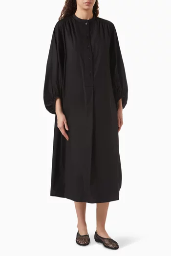 Gathered Balloon-Sleeve Midi Dress