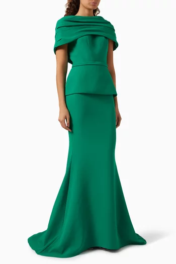 Loura Cape Fishtail Gown in Crepe