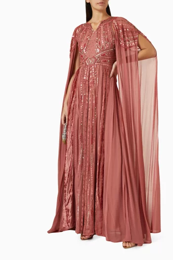 Embellished Cape Sleeve Maxi Dress