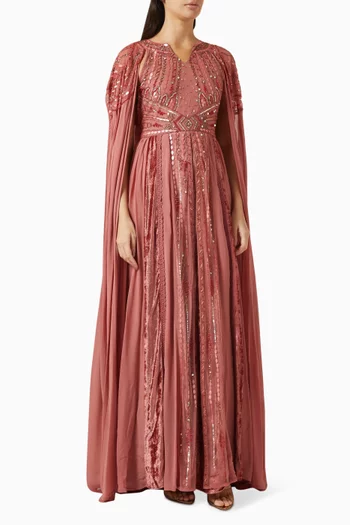 Embellished Cape Sleeve Maxi Dress