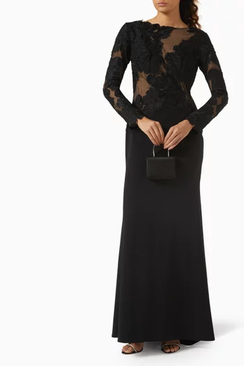 Embroidered Floral Lace Gown in Crepe