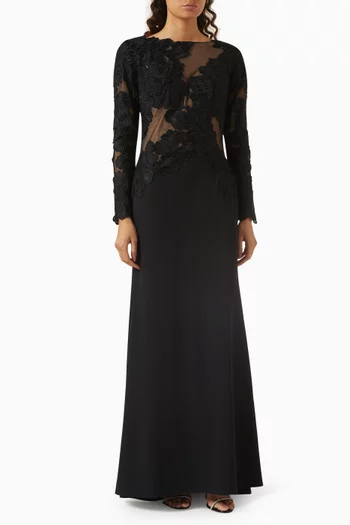Embroidered Floral Lace Gown in Crepe