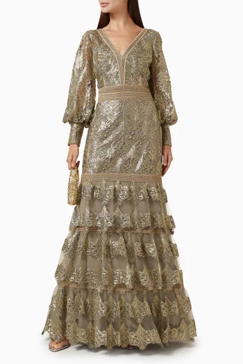 Aponi Tiered Sequin-embellished Gown