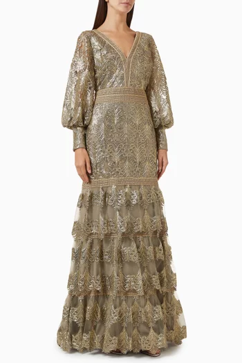 Aponi Tiered Sequin-embellished Gown