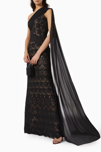 One-shoulder Corded Embroidered Gown in Lace