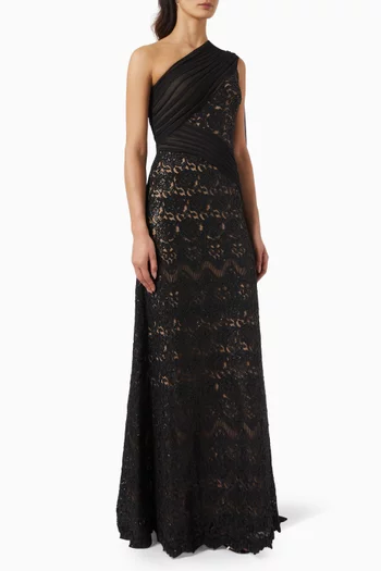 One-shoulder Corded Embroidered Gown in Lace