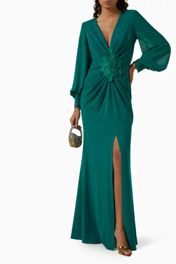 Flower-detail V-neck Gown in Crepe