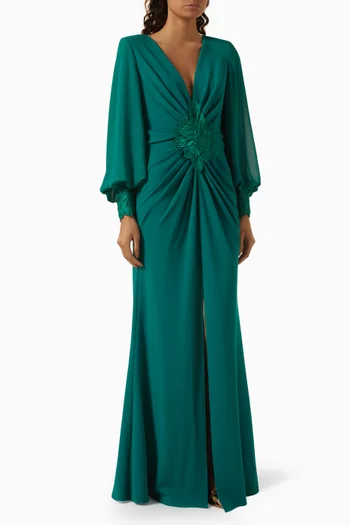 Flower-detail V-neck Gown in Crepe