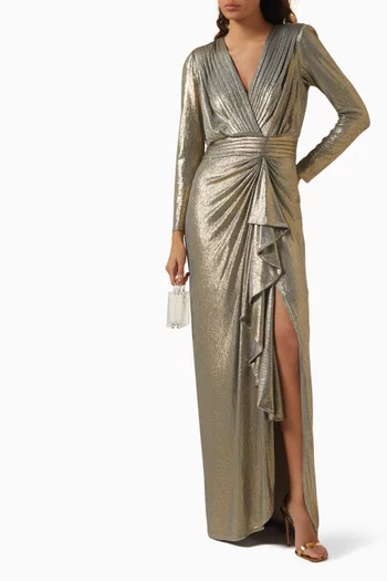 V-neck Ruffled Gown in Metallic-jersey