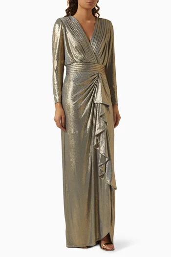 V-neck Ruffled Gown in Metallic-jersey
