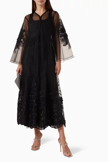 Bead-embellished Applique Abaya in Tulle